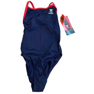 TYR Durafast Girls One Piece Swimsuit Navy & Red Ringback Size GB 26 7/8 USA